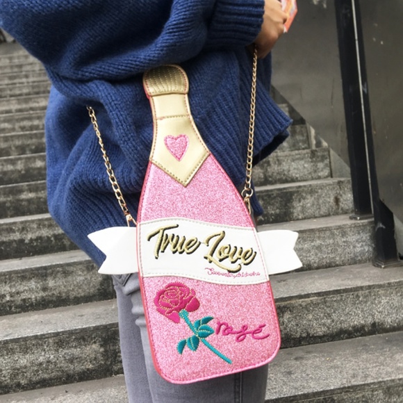 Handbags - Champagne Bottle Rose Heart Pink Glitter Handbag